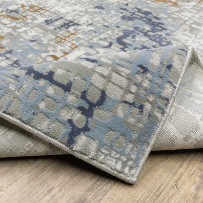 2' X 8' Blue Ivory Grey Brown Beige And Light Blue Abstract Power Loom Stain Resistant Runner Rug