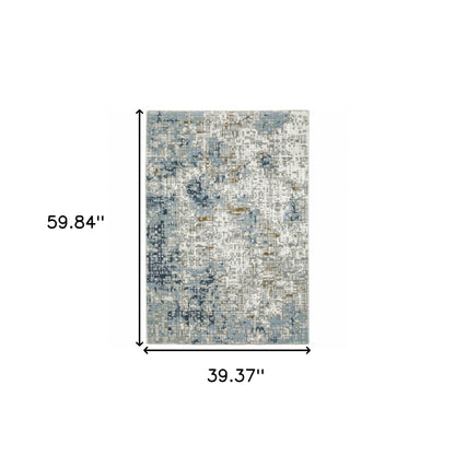 3' X 5' Blue Ivory Grey Brown Beige And Light Blue Abstract Power Loom Stain Resistant Area Rug