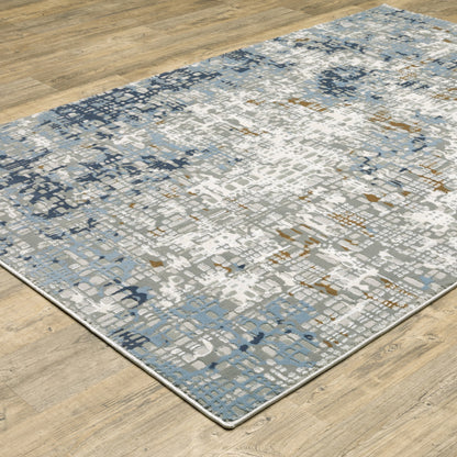 3' X 5' Blue Ivory Grey Brown Beige And Light Blue Abstract Power Loom Stain Resistant Area Rug