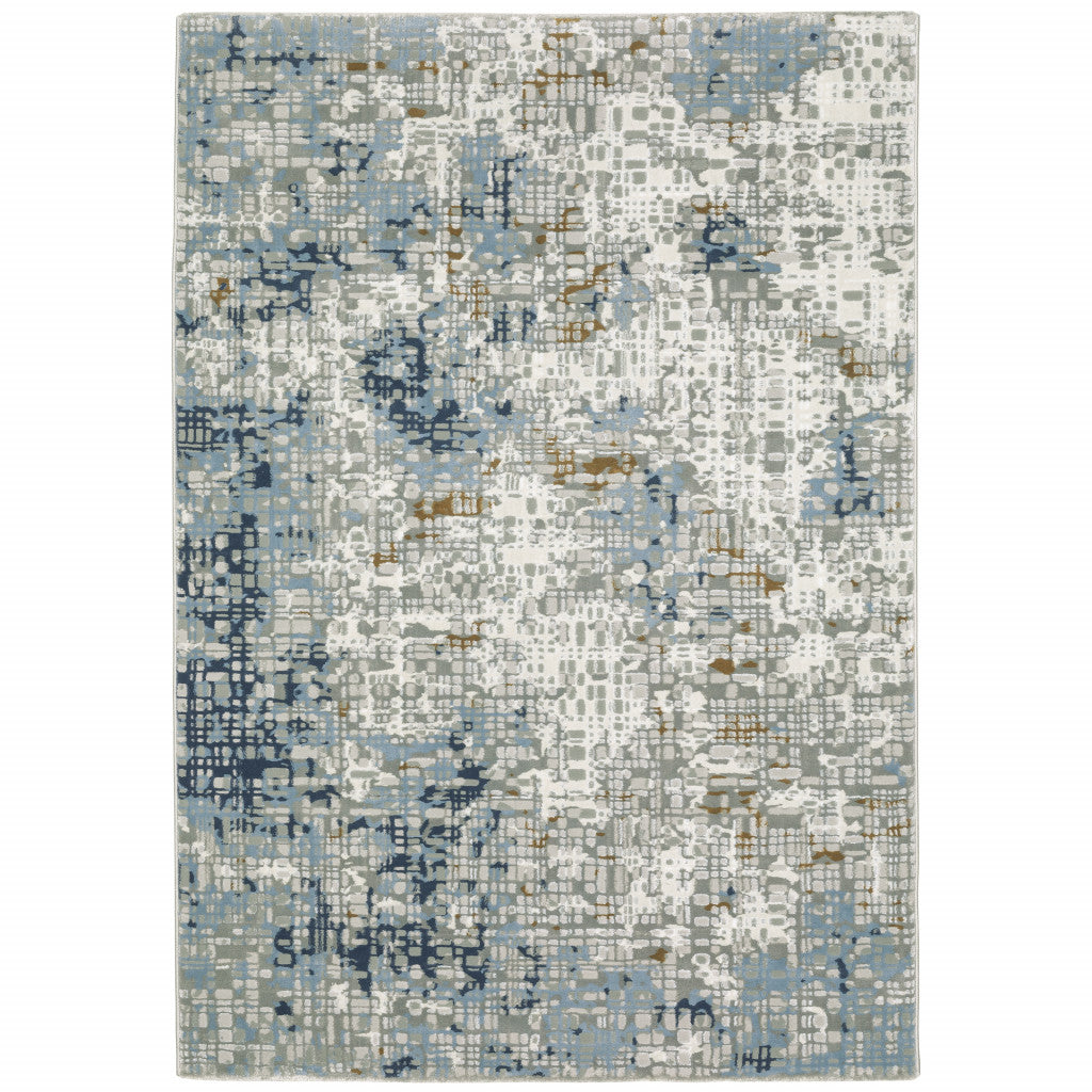 5' X 8' Blue Ivory Grey Brown Beige And Light Blue Abstract Power Loom Stain Resistant Area Rug