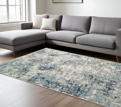 10' X 13' Blue Ivory Grey Brown Beige And Light Blue Abstract Power Loom Stain Resistant Area Rug