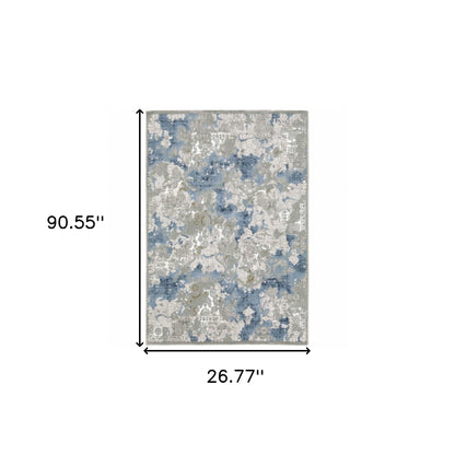 2' X 8' Grey Blue Ivory Navy Beige And Brown Abstract Power Loom Stain Resistant Runner Rug