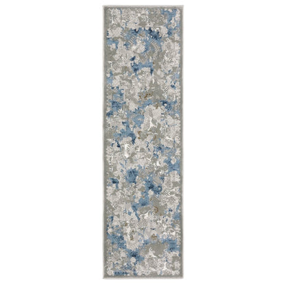 2' X 8' Grey Blue Ivory Navy Beige And Brown Abstract Power Loom Stain Resistant Runner Rug