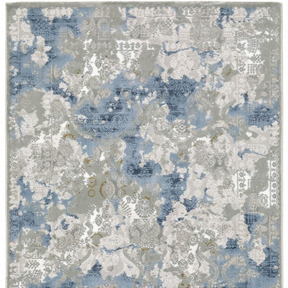 2' X 8' Grey Blue Ivory Navy Beige And Brown Abstract Power Loom Stain Resistant Runner Rug
