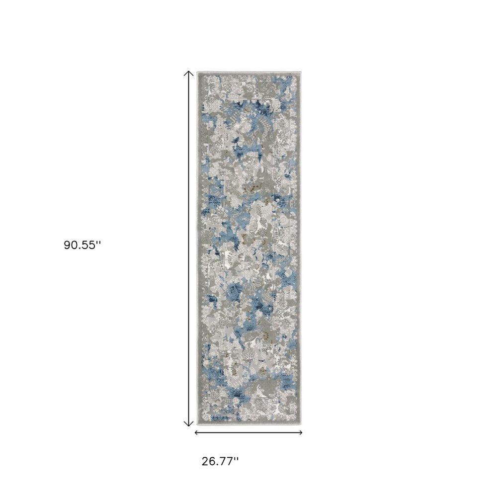 2' X 8' Grey Blue Ivory Navy Beige And Brown Abstract Power Loom Stain Resistant Runner Rug