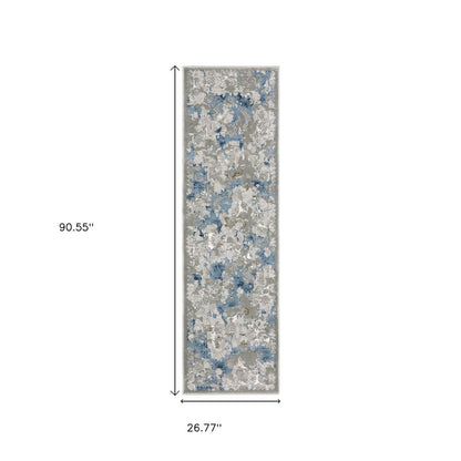 2' X 8' Grey Blue Ivory Navy Beige And Brown Abstract Power Loom Stain Resistant Runner Rug