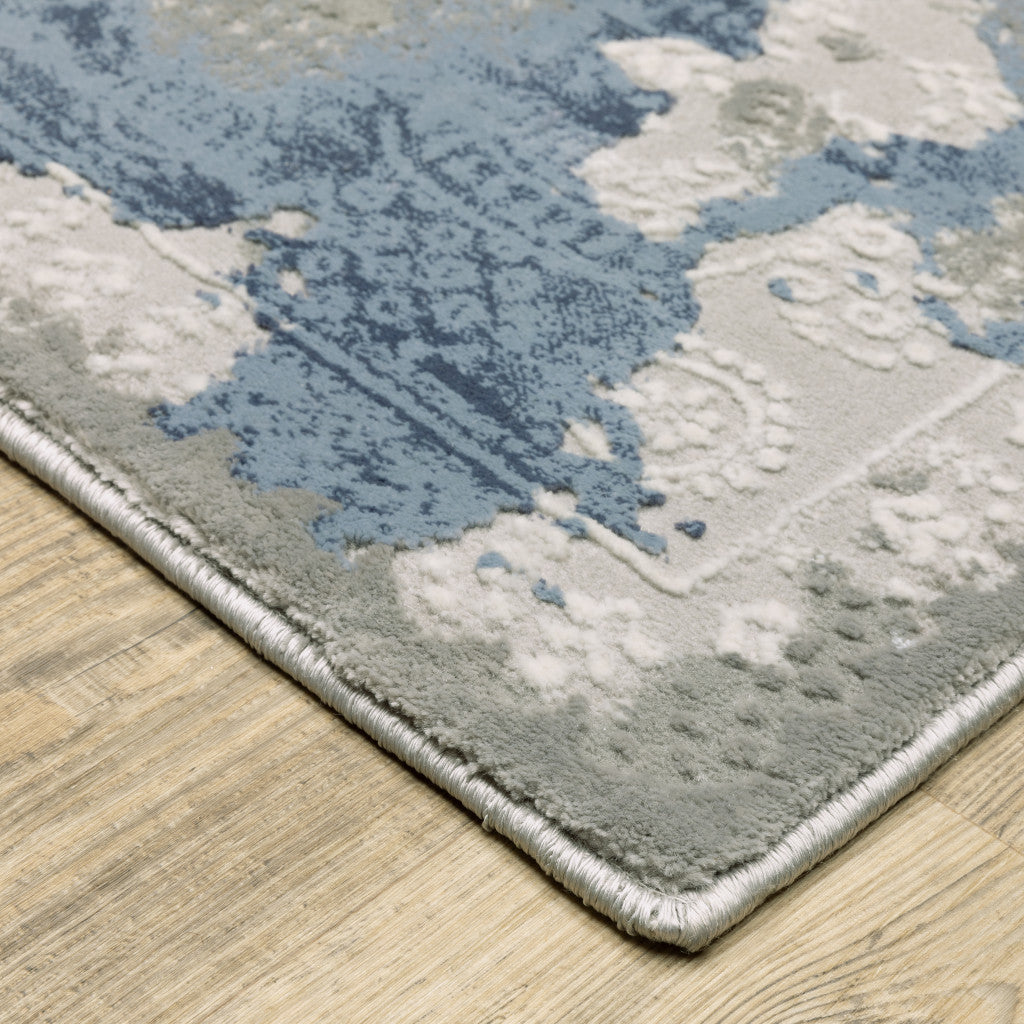 2' X 8' Grey Blue Ivory Navy Beige And Brown Abstract Power Loom Stain Resistant Runner Rug