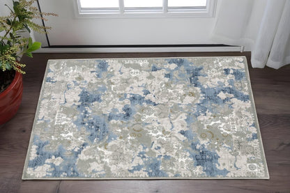 3' X 5' Grey Blue Ivory Navy Beige And Brown Abstract Power Loom Stain Resistant Area Rug