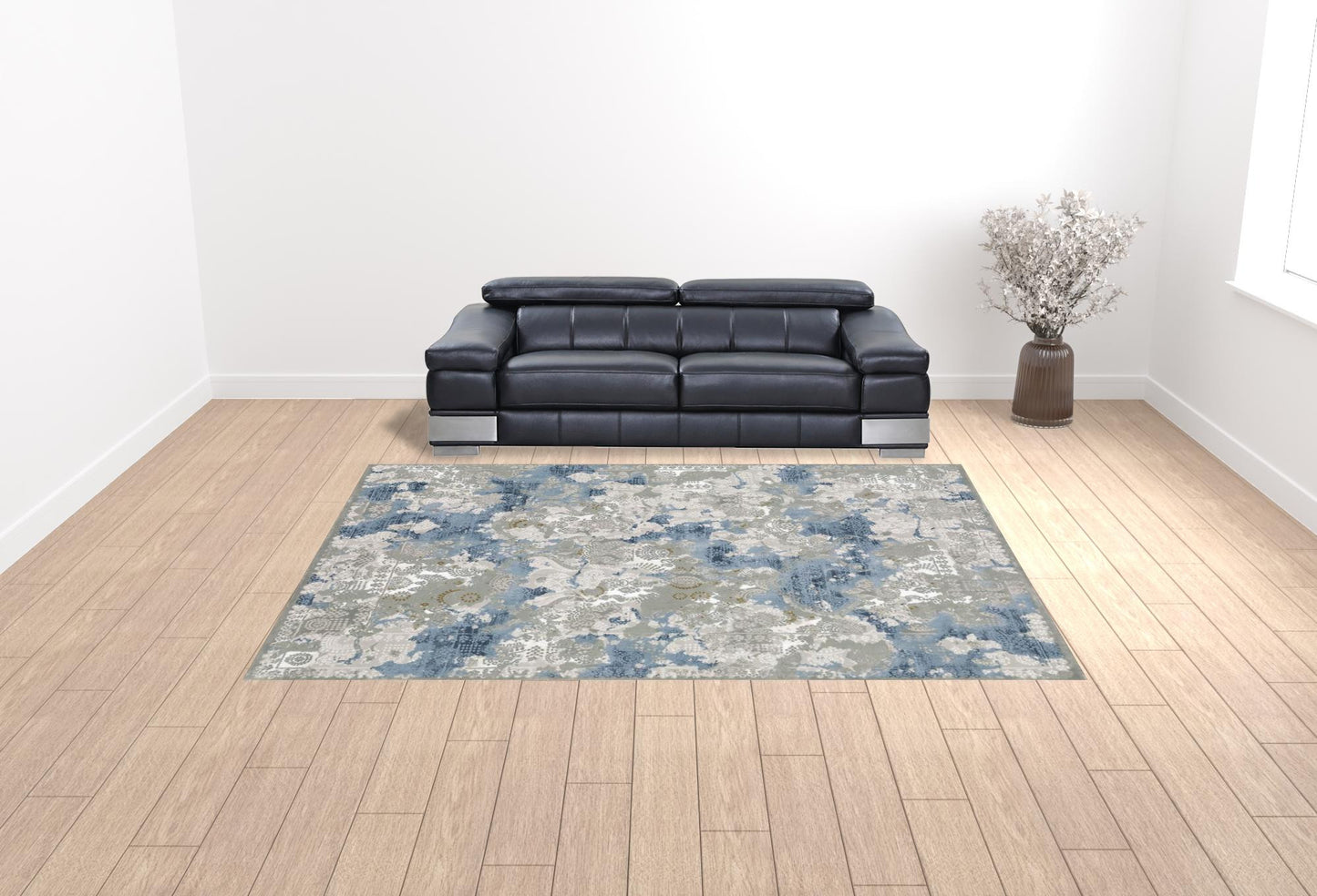 10' X 13' Grey Blue Ivory Navy Beige And Brown Abstract Power Loom Stain Resistant Area Rug