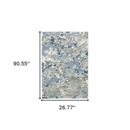 2' X 8' Grey Blue Ivory Navy Beige And Brown Abstract Power Loom Stain Resistant Runner Rug