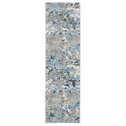 2' X 8' Grey Blue Ivory Navy Beige And Brown Abstract Power Loom Stain Resistant Runner Rug