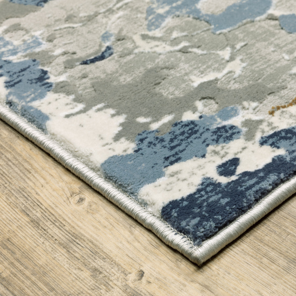 2' X 8' Grey Blue Ivory Navy Beige And Brown Abstract Power Loom Stain Resistant Runner Rug