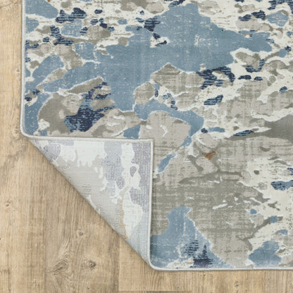 2' X 8' Grey Blue Ivory Navy Beige And Brown Abstract Power Loom Stain Resistant Runner Rug