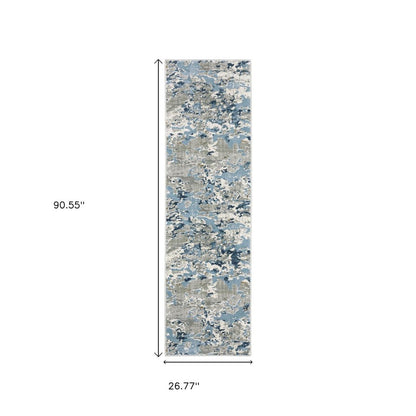 2' X 8' Grey Blue Ivory Navy Beige And Brown Abstract Power Loom Stain Resistant Runner Rug