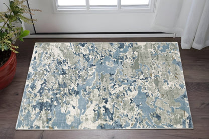 3' X 5' Grey Blue Ivory Navy Beige And Brown Abstract Power Loom Stain Resistant Area Rug