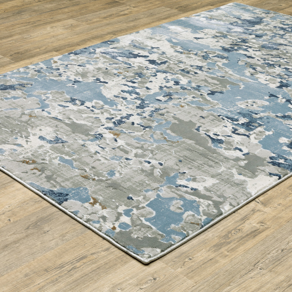 3' X 5' Grey Blue Ivory Navy Beige And Brown Abstract Power Loom Stain Resistant Area Rug