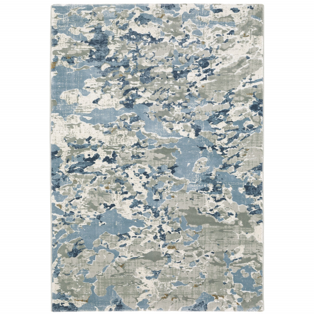 6' X 9' Grey Blue Ivory Navy Beige And Brown Abstract Power Loom Stain Resistant Area Rug