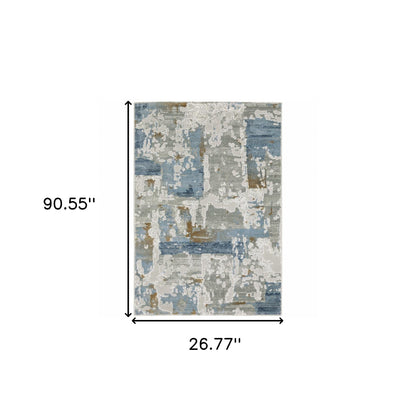 2' X 8' Grey Blue Navy Ivory And Brown Abstract Power Loom Stain Resistant Runner Rug