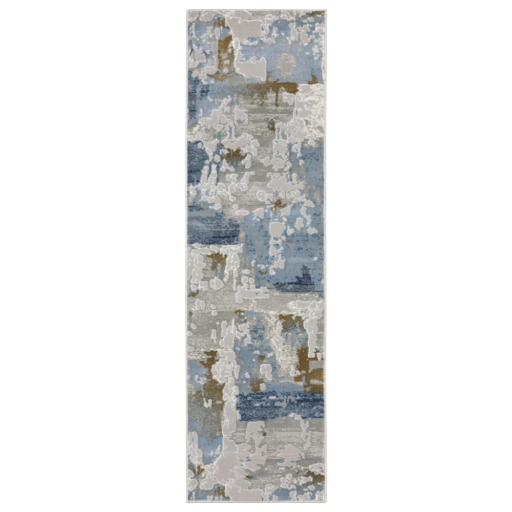 2' X 8' Grey Blue Navy Ivory And Brown Abstract Power Loom Stain Resistant Runner Rug