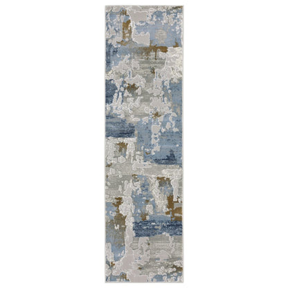 2' X 8' Grey Blue Navy Ivory And Brown Abstract Power Loom Stain Resistant Runner Rug