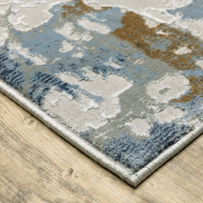 2' X 8' Grey Blue Navy Ivory And Brown Abstract Power Loom Stain Resistant Runner Rug