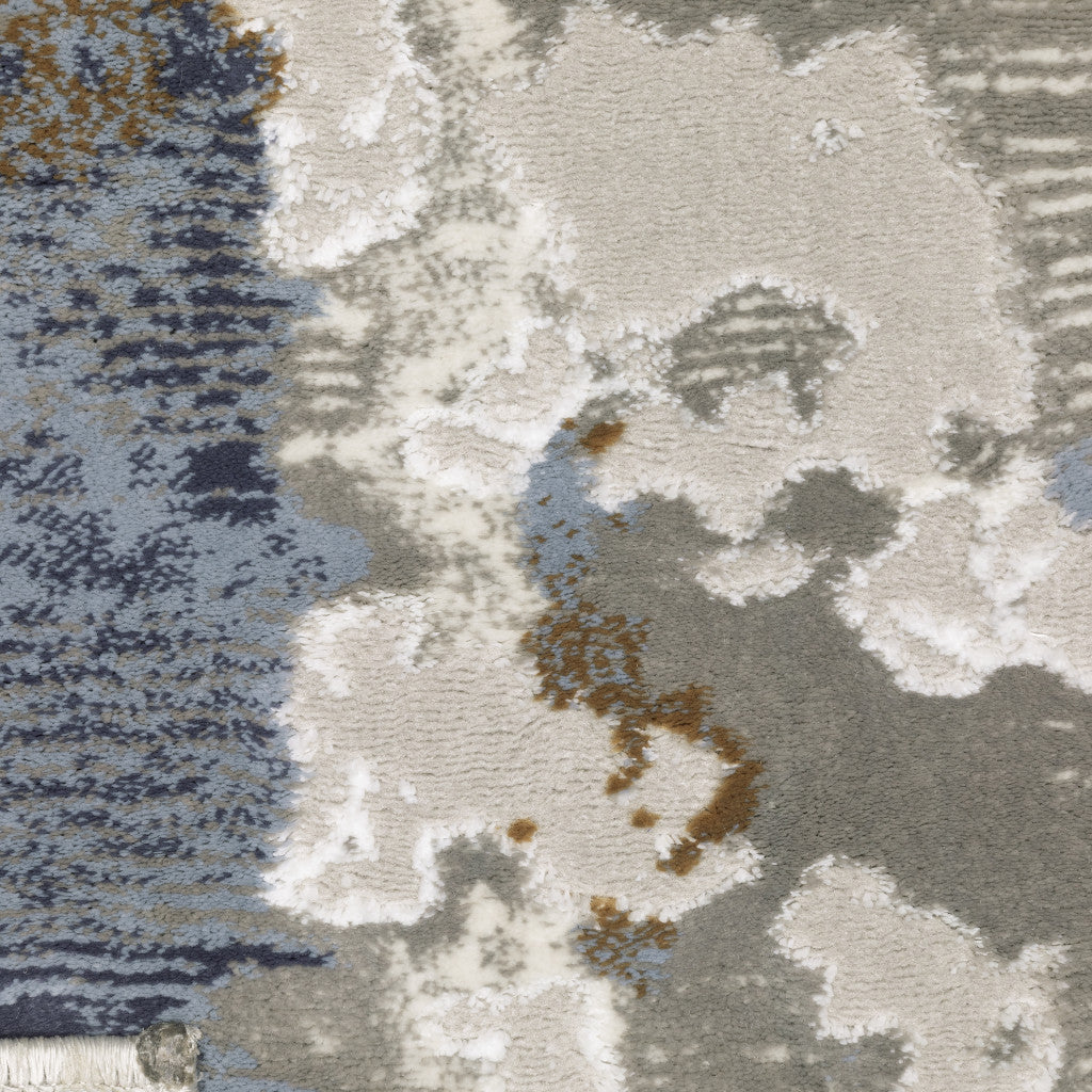 2' X 8' Grey Blue Navy Ivory And Brown Abstract Power Loom Stain Resistant Runner Rug