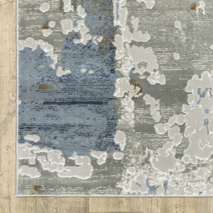 2' X 8' Grey Blue Navy Ivory And Brown Abstract Power Loom Stain Resistant Runner Rug