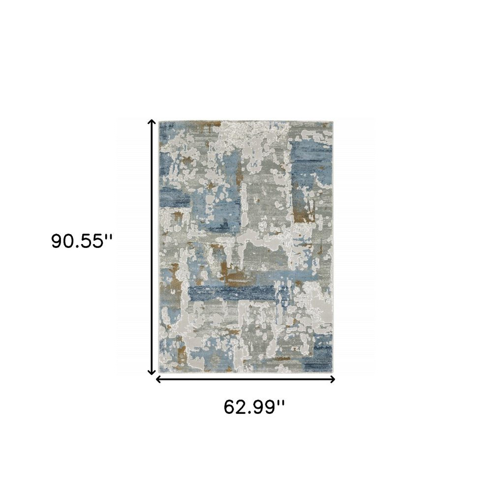 5' X 8' Grey Blue Navy Ivory And Brown Abstract Power Loom Stain Resistant Area Rug