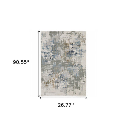 2' X 8' Grey Blue Brown Ivory And Deep Blue Abstract Power Loom Stain Resistant Runner Rug