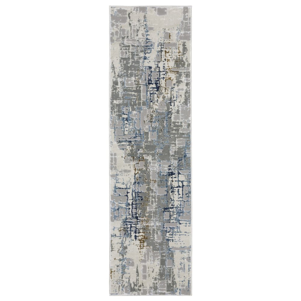2' X 8' Grey Blue Brown Ivory And Deep Blue Abstract Power Loom Stain Resistant Runner Rug