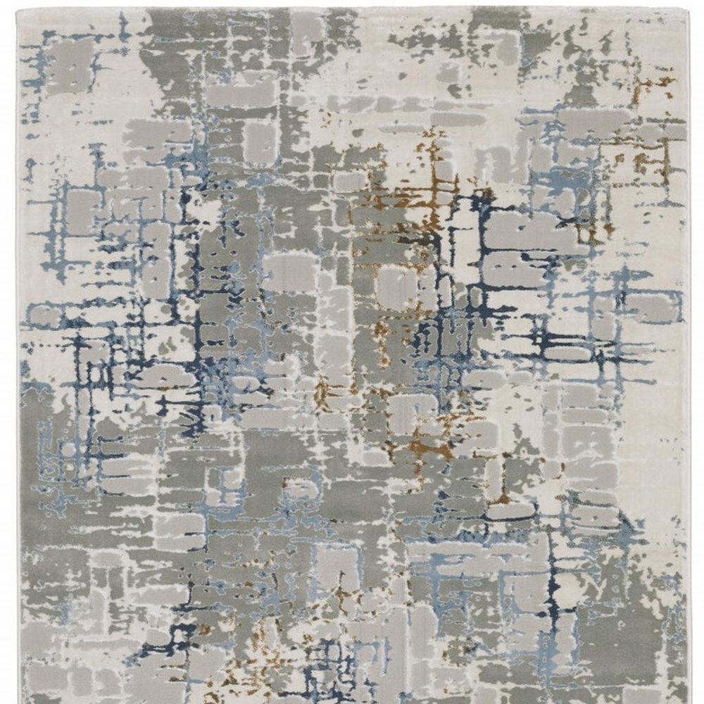 2' X 8' Grey Blue Brown Ivory And Deep Blue Abstract Power Loom Stain Resistant Runner Rug