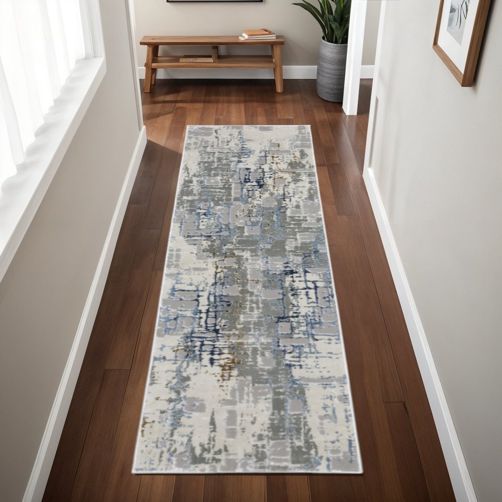 2' X 8' Grey Blue Brown Ivory And Deep Blue Abstract Power Loom Stain Resistant Runner Rug
