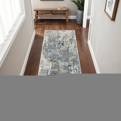 2' X 8' Grey Blue Brown Ivory And Deep Blue Abstract Power Loom Stain Resistant Runner Rug