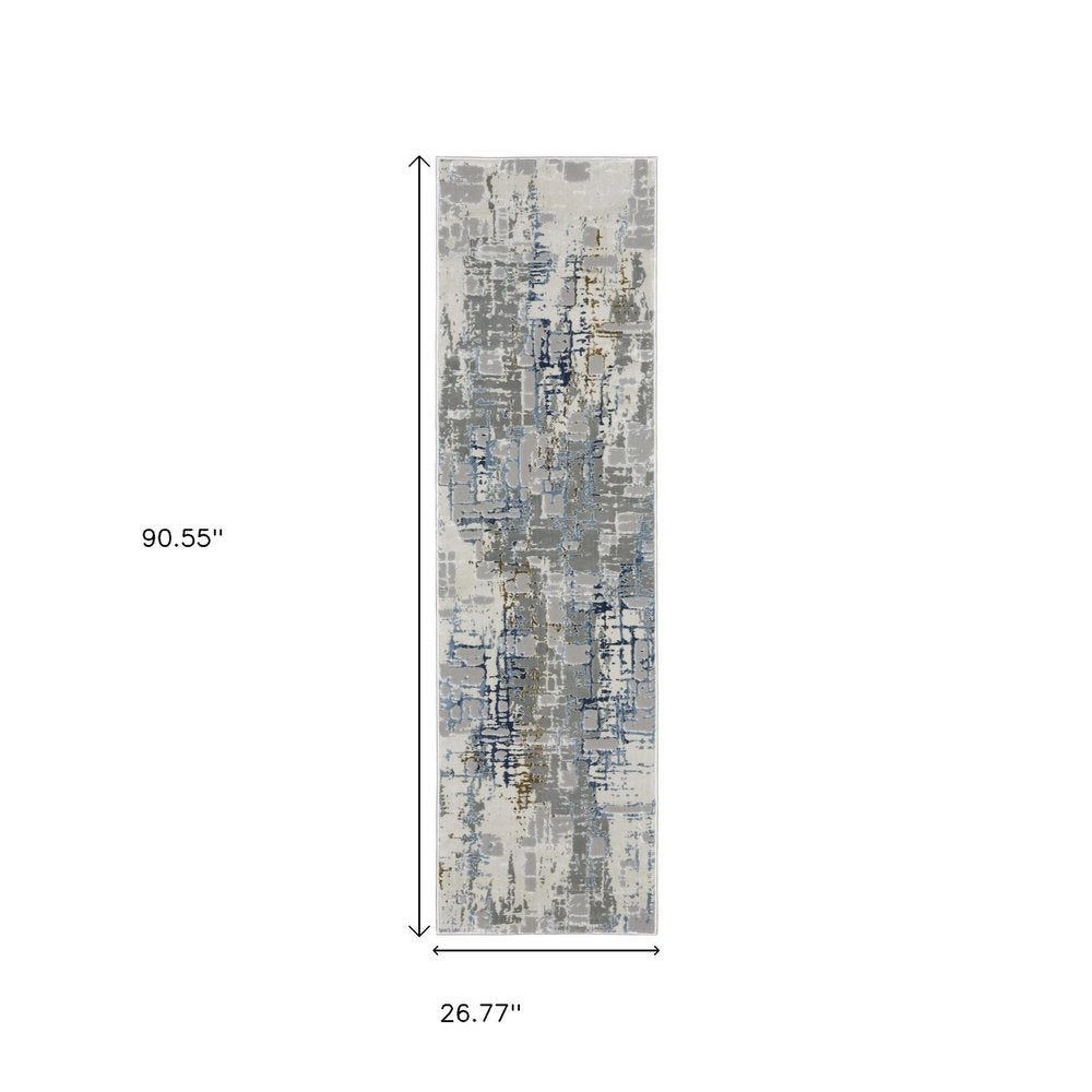 2' X 8' Grey Blue Brown Ivory And Deep Blue Abstract Power Loom Stain Resistant Runner Rug