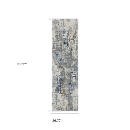 2' X 8' Grey Blue Brown Ivory And Deep Blue Abstract Power Loom Stain Resistant Runner Rug