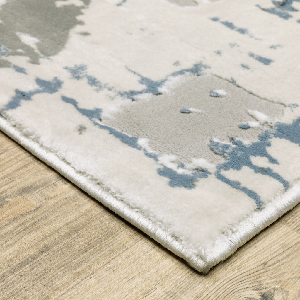 2' X 8' Grey Blue Brown Ivory And Deep Blue Abstract Power Loom Stain Resistant Runner Rug