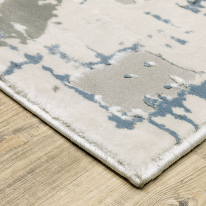 2' X 8' Grey Blue Brown Ivory And Deep Blue Abstract Power Loom Stain Resistant Runner Rug