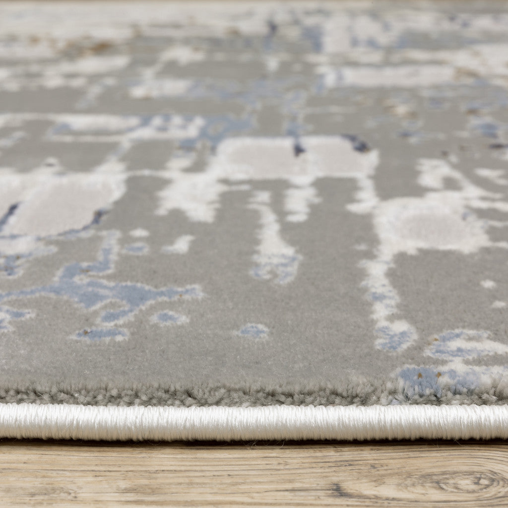 2' X 8' Grey Blue Brown Ivory And Deep Blue Abstract Power Loom Stain Resistant Runner Rug