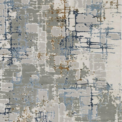 2' X 8' Grey Blue Brown Ivory And Deep Blue Abstract Power Loom Stain Resistant Runner Rug