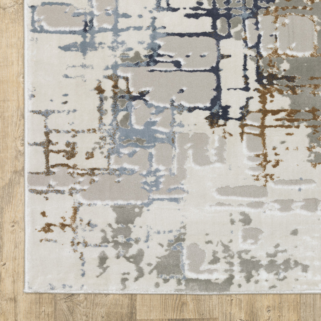 2' X 8' Grey Blue Brown Ivory And Deep Blue Abstract Power Loom Stain Resistant Runner Rug