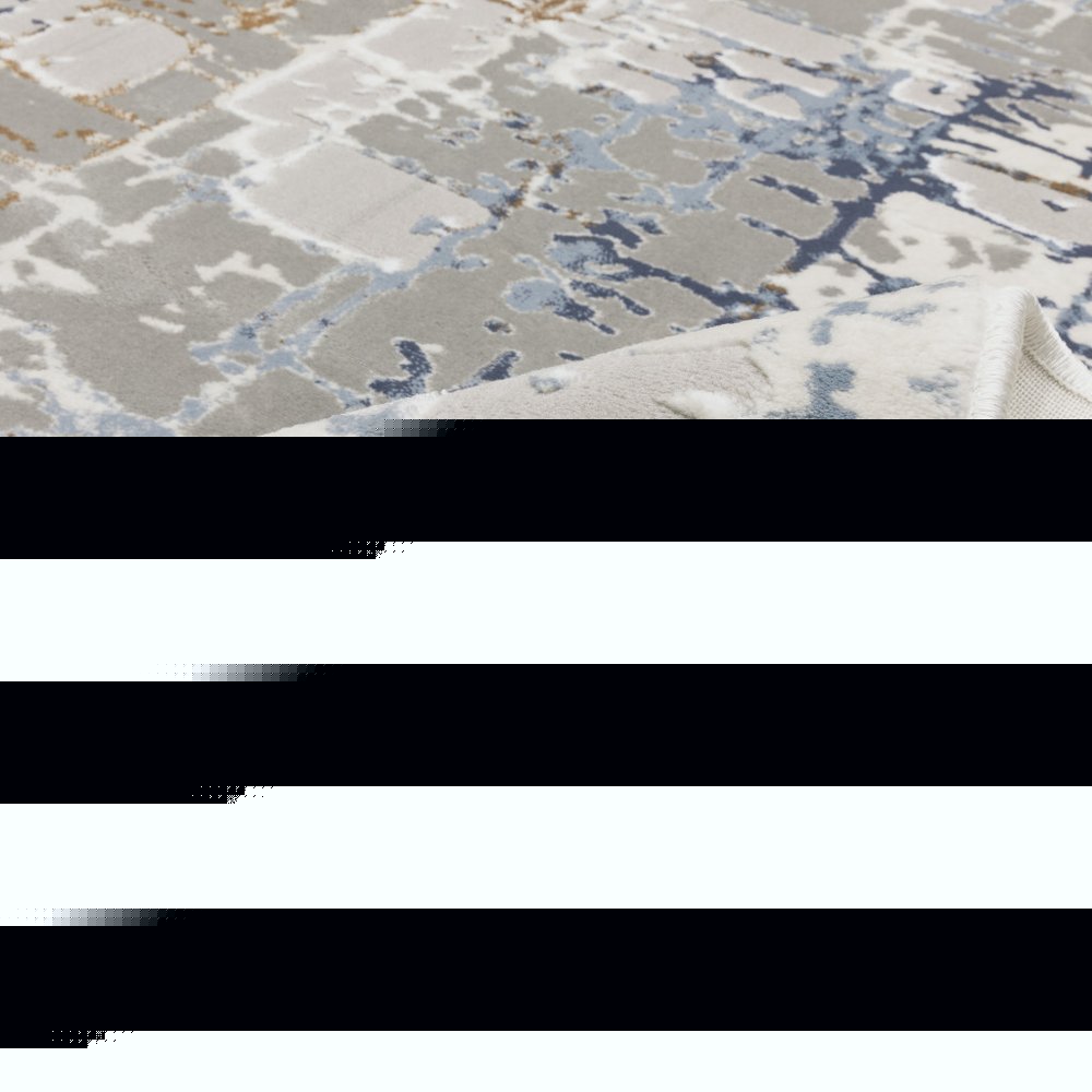 2' X 8' Grey Blue Brown Ivory And Deep Blue Abstract Power Loom Stain Resistant Runner Rug
