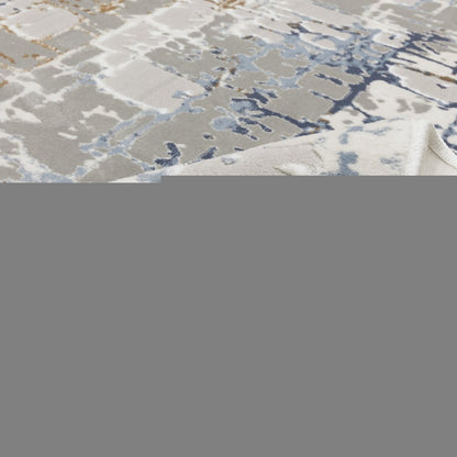 2' X 8' Grey Blue Brown Ivory And Deep Blue Abstract Power Loom Stain Resistant Runner Rug