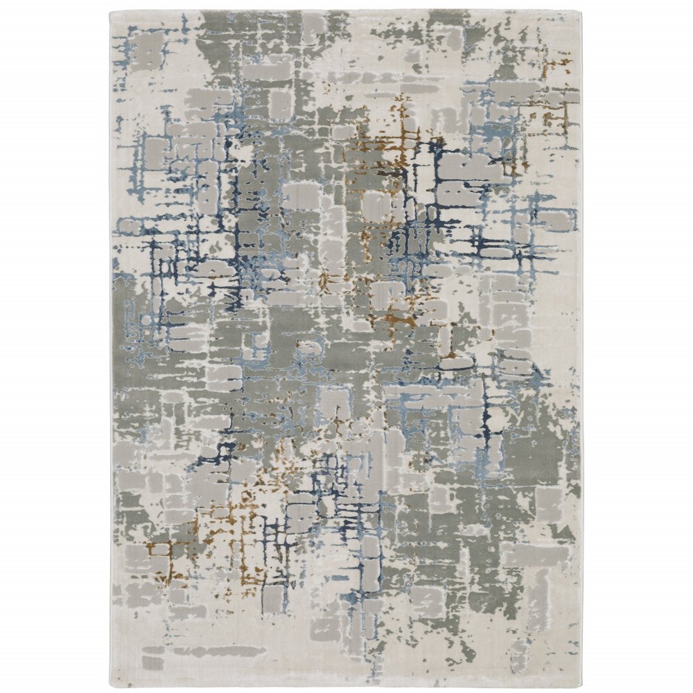 6' X 9' Grey Blue Brown Ivory And Deep Blue Abstract Power Loom Stain Resistant Area Rug