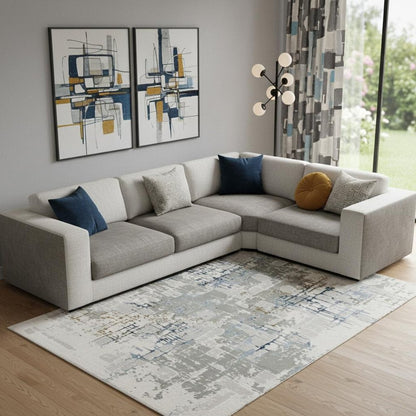 10' X 13' Grey Blue Brown Ivory And Deep Blue Abstract Power Loom Stain Resistant Area Rug