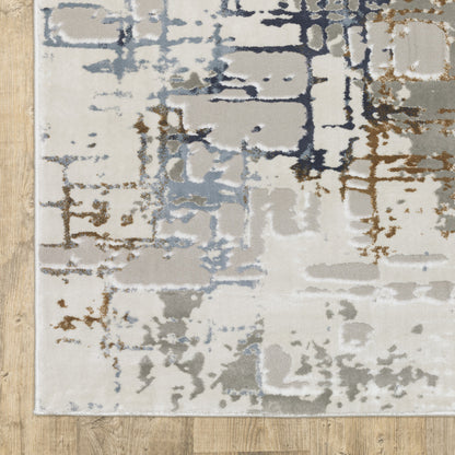 10' X 13' Grey Blue Brown Ivory And Deep Blue Abstract Power Loom Stain Resistant Area Rug