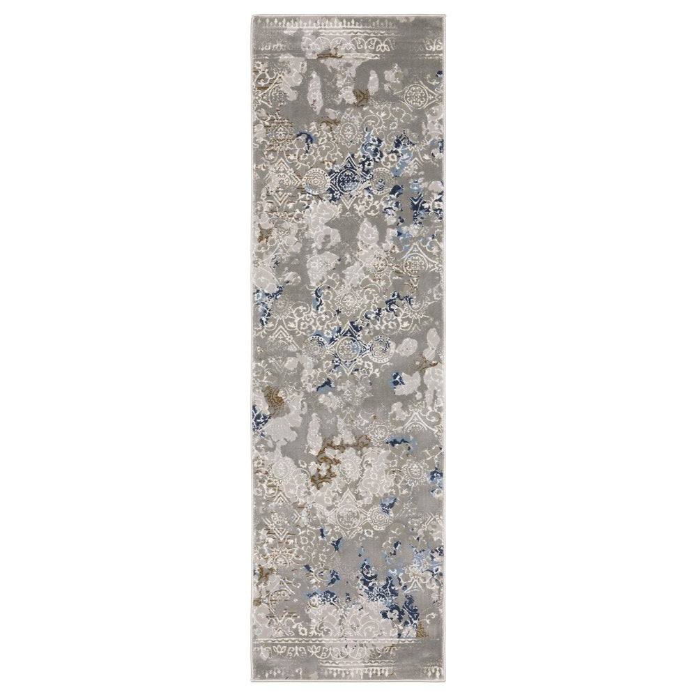 2' X 8' Grey Blue Ivory Brown And Navy Abstract Power Loom Stain Resistant Runner Rug