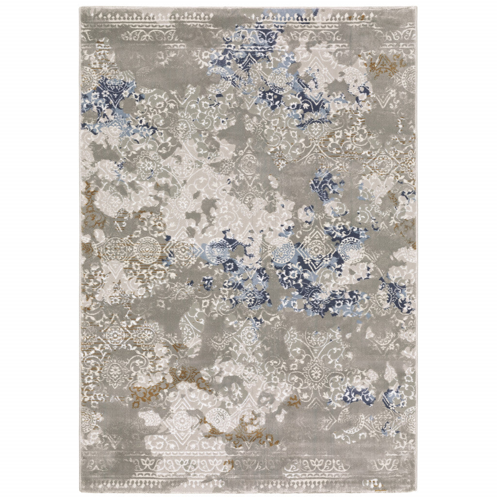 6' X 9' Grey Blue Ivory Brown And Navy Abstract Power Loom Stain Resistant Area Rug