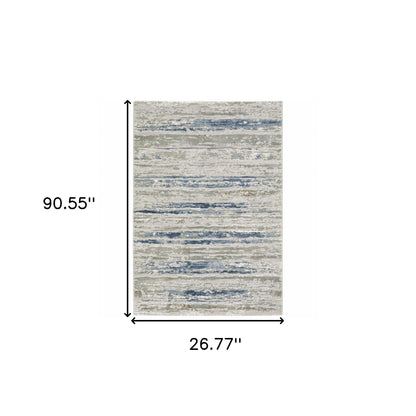 2' X 8' Grey Blue Light Blue Ivory And Brown Abstract Power Loom Stain Resistant Runner Rug