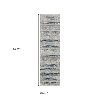 2' X 8' Grey Blue Light Blue Ivory And Brown Abstract Power Loom Stain Resistant Runner Rug