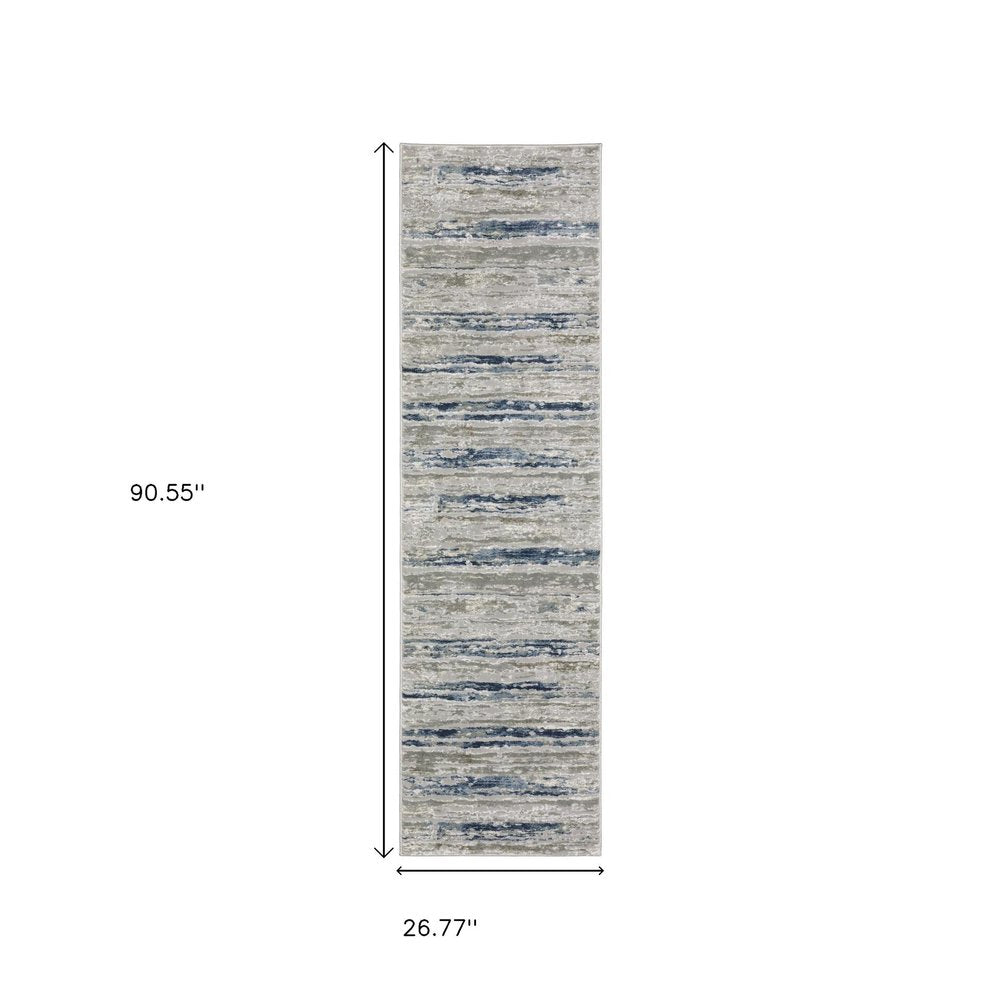 2' X 8' Grey Blue Light Blue Ivory And Brown Abstract Power Loom Stain Resistant Runner Rug